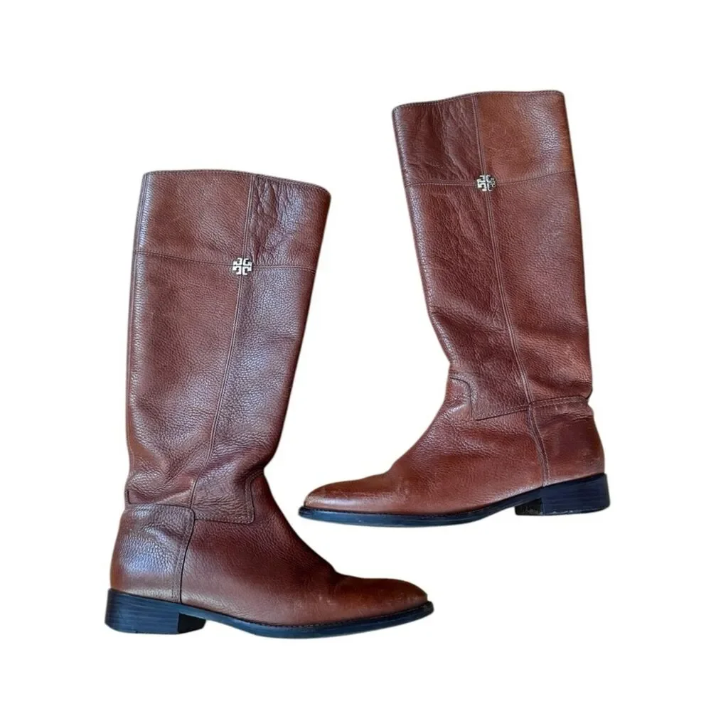 Tory Burch Jolie Riding Boots Pebbled Brown Leather 10.5